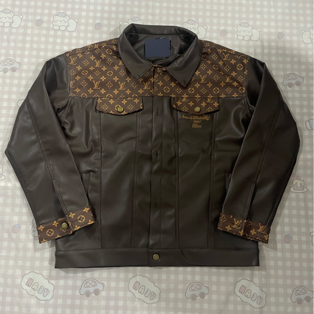 Louis Vuitton Brown Monogram-Trim Faux Leather Bomber Jacket